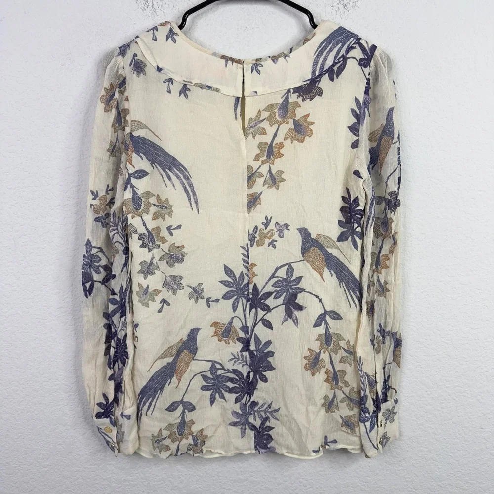 Tory Burch Shirt 4 Cream Silk Bird Floral Boho Cottagecore Artsy Romantic Luxury